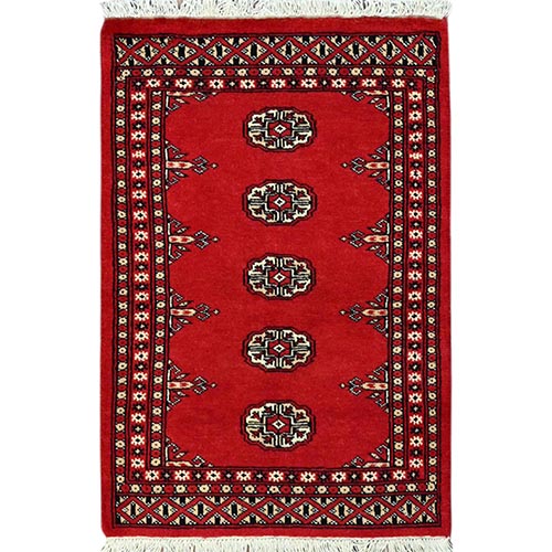 Apple Red, Princess Bokara with Geometric Medallions, Vegetable Dyes, Soft Wool, Hand Knotted, Mat Oriental Rug