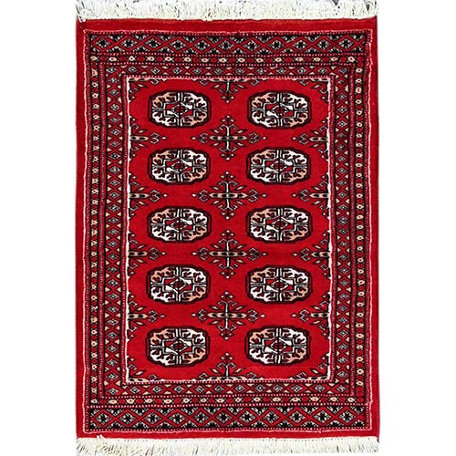 Crimson Red, Princess Bokara with Geometric Medallions, Vegetable Dyes, 100% Wool, Hand Knotted, Mat Oriental Rug