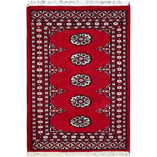 Candy Red, Princess Bokara with Geometric Medallions, Vegetable Dyes, Pure Wool, Hand Knotted, Mat Oriental Rug