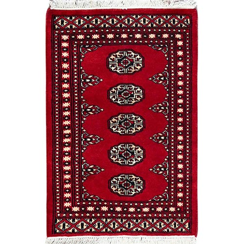Crimson Red, Princess Bokara with Geometric Medallions, Natural Dyes, 100% Wool, Hand Knotted, Mat Oriental Rug