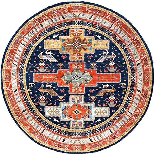 Astros Navy Blue, Hand Knotted, Natural Dyes, Armenian Inspired Caucasian Design, Soft Wool, 200 KPSI, Round Oriental Rug