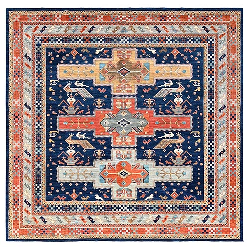 Astros Navy Blue, Armenian Inspired Caucasian Design, Soft Wool, 200 KPSI, Hand Knotted, Natural Dyes, Square Oriental 