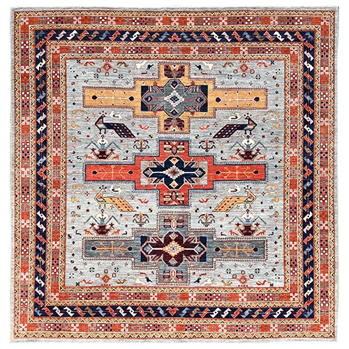 Medium Gray, Hand Knotted, Pure Wool, Natural Dyes, 200 KPSI, Armenian Inspired Caucasian Design, Square Oriental Rug
