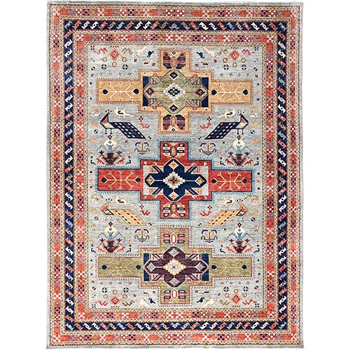 Goose Grey, Armenian Inspired Caucasian Design, Hand Knotted, Natural Wool, 200 KPSI, Vegetable Dyes, Oriental Rug