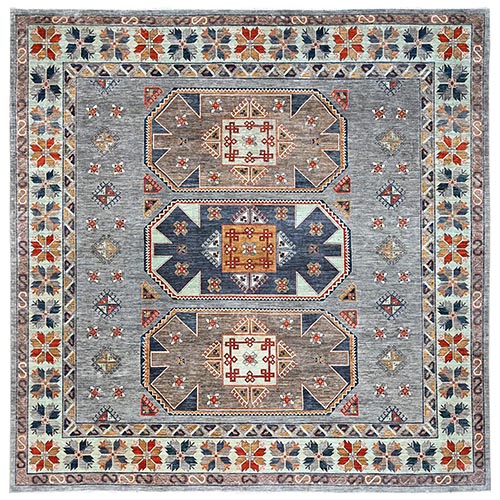 Cloud Gray, Hand Knotted, Armenian Inspired Caucasian Design, 200 KPSI, Natural Dyes, Densely Woven, Soft Wool, Square Oriental Rug