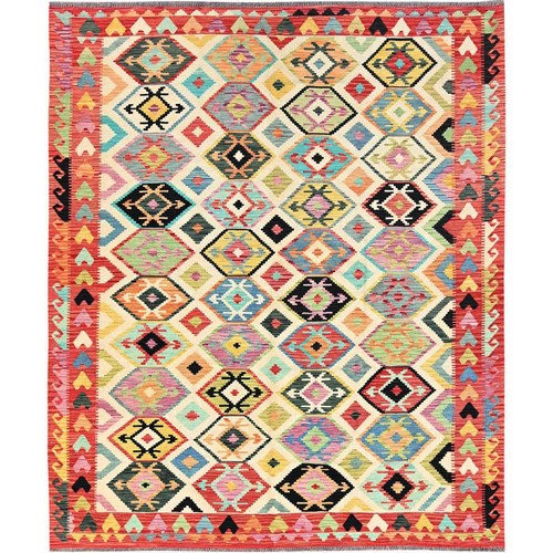 Cheviot White, Hand Woven Afghan Natural Dyes Kilim Geometric motifs, Flat Weave and Reversible, Vibrant Wool Oriental Colorful 