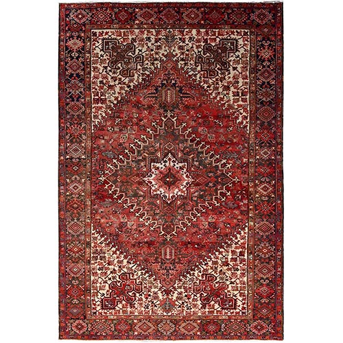 Bills Red and Pitch Black, Semi Antique Vintage Heriz Persian With Geometric Flower Design, Sides and Ends Professionally Secured cleaned Hand Knotted Organic Wool Oriental 