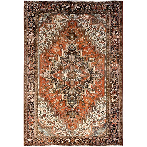Halloween Orange, Semi Antique Vintage Heriz Persian Design With Promenade White Corners, Abrash, Professionally Cleaned, Secured Ends and Sides, Hand Knotted Oriental Excellent Condition Natural Wool 