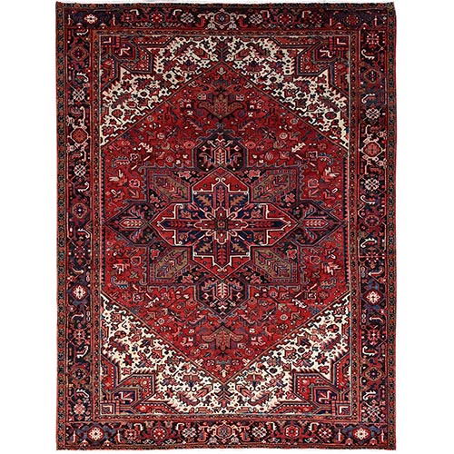 Terra Red, Semi Antique Vintage Persian Heriz with Warm Ivory Corners, Good Condition, Rustic Feel, Abrash, Hand Knotted, 100% Wool Oriental 