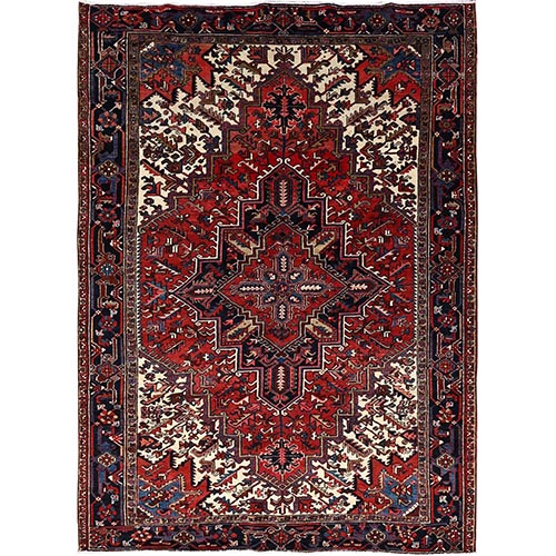 Carmen Miranda Red, Vintage Semi Antique Heriz Persian Design and Geometric Medallions, Great Condition Vibrant Wool, Oriental 