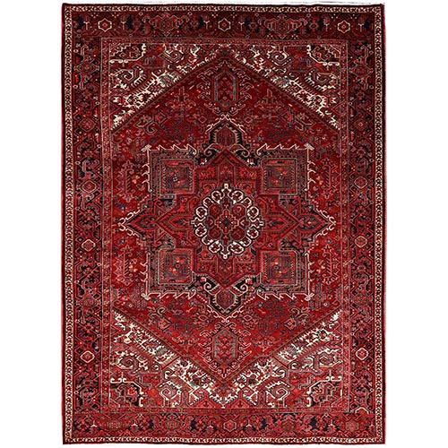 Garnet Red and Soot Black, Semi Antique Village Motifs Persian Heriz Design, Excellent Condition With Rustic Look, Clean Sides and Ends Professionally Secured, Abrash, Soft Vibrant Wool, Hand Knotted Oriental 