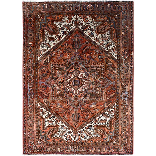 Burnt Orange, Semi Antique Heriz and Densely Woven Persian Design Hand Knotted with Ivory Corners, Good Condition, Rustic Feel, Natural Wool, Oriental 