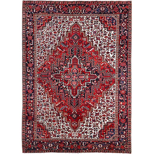 Candy Red, Large Central Geometric Medallion Hand Knotted, Extra Soft Wool, Semi Antique Persian Heriz, Good Condition and  Rustic Look, Sides and Ends Professionally Secured, Cleaned, Oriental 