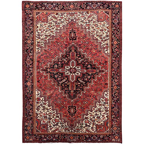 Rose Quartz Red With Comfort Ivory Spandrels Having a Village Motifs, Soft and Shiny Wool, Hand Knotted, Persian Vintage Heriz with Central Medallion, Excellent Condition with Even Wear and Full Pile Oriental 