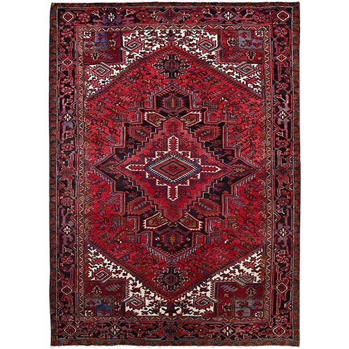 Rufous Red, Semi Antique Persian Hand knotted With Central Geometric Medallion Heriz Design, Cleaned Sides and Ends Professionally Secured, Mint Condition Pure Wool Oriental Rug