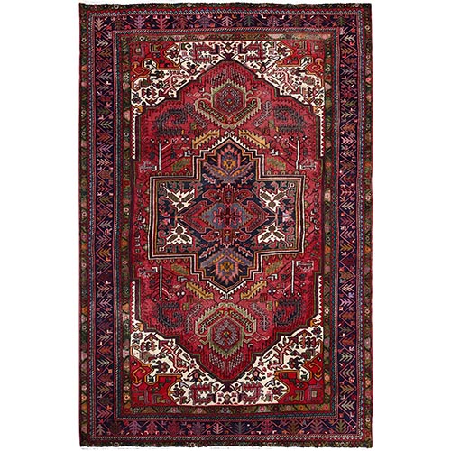 Show Stopper Red and Asphalt Black Border, Semi Antique Persian Heriz Tribal Design With Pop Of Colors, Lustrous Wool, Great Condition, Hand Knotted Oriental 