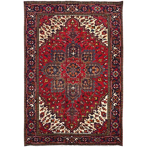Cranberry Zing Red With Vivid Colors, Pastel Ivory Spandrels, Hand Knotted Semi Antique Persian Heriz With Excellent Condition, Sides and Ends Professionally Cleaned and Secured Oriental Pure Wool Rug 