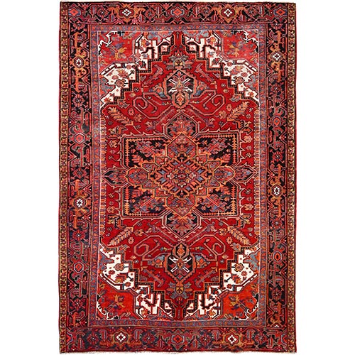 Fiery Poppy Red, Rustic Look, Clean, Abrash, Natural Wool, Hand Knotted, Semi Antique Persian Heriz with Tribal Ambience, Good Condition, Oriental 