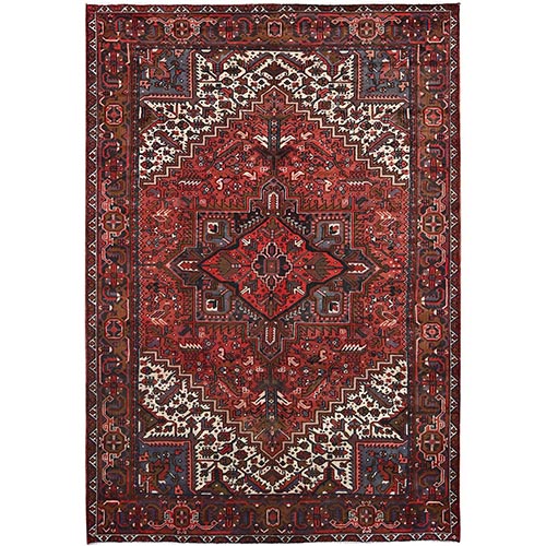Rave Red, Vibrant Wool, Hand Knotted, Semi Antique Persian Heriz, Excellent Condition, Rustic Look With Professionally Cleaned with Sides and Ends Secured, Oriental 