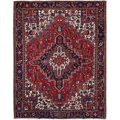Locomotive Red, Semi Antique Heriz Persian Charming Village Design With Diamond On a Square Medallion, Full Pile, Sides and Ends Professionally Cleaned and Secured, Soft and Vibrant Wool, Oriental 