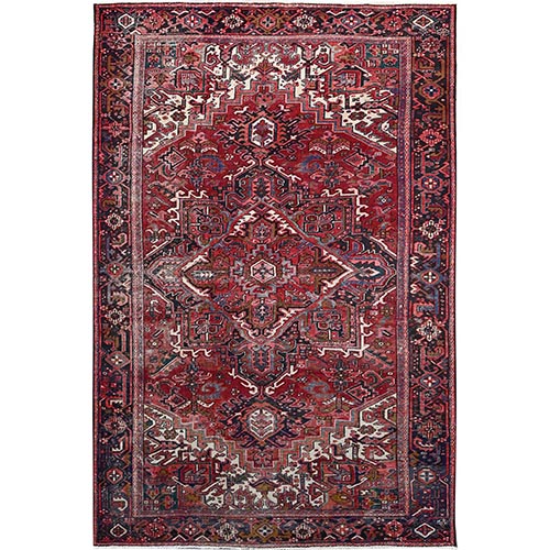 Savvy Red, Good Condition, Lustrous Wool, Jewel Tone Color Geometric Medallion Design Semi Antique Persian Heriz Abrash Oriental 