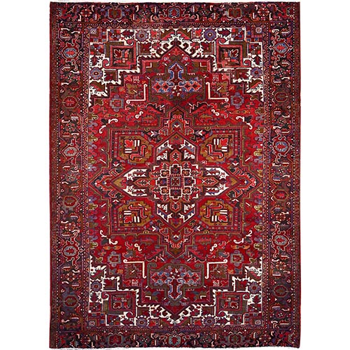 Scarlet Red, Semi Antique Shiny Wool Persian Heriz Design, Good Condition, Hand Knotted with Vivid Colors, Clean, Sides and Ends Professionally Secured, Oriental Rug