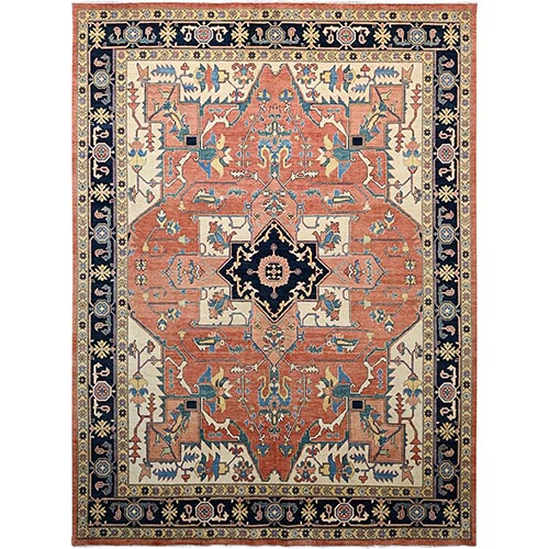 Coral Gold Red, Extra Soft Wool, Dense Weave, Afghan Serapi Heriz Design, Hand Knotted, Vegetable Dyes, Oriental Rug