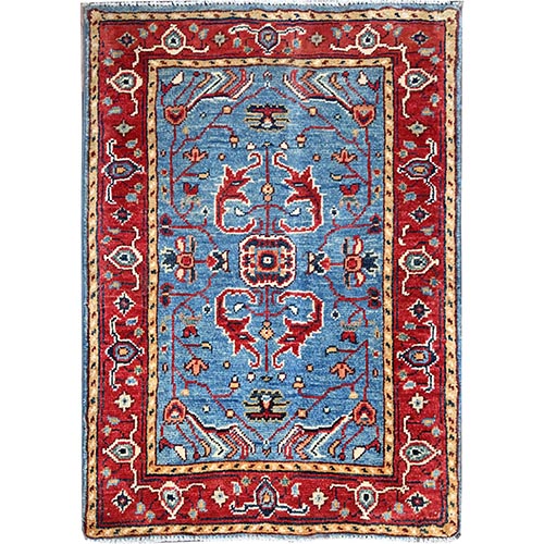 Baltic Sea Blue and Salsa Red, Hand Knotted, Afghan Serapi Heriz Design, Natural Dyes and Densely Woven, Natural Wool, Oriental Mat Rug