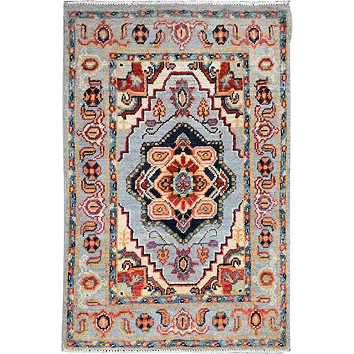 Harbor Mist Gray, Hand Knotted, Natural Dyes, 100% Wool Afghan Serapi Heriz and Central Motif Dense Weave, Oriental Mat Rug