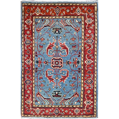 Crystal Teal Blue With Chilli Red Border, Extra Soft Velvety Wool  and Natural Dyes, Hand Knotted Serapi Heriz Design, Densely Woven Mat Oriental Rug   