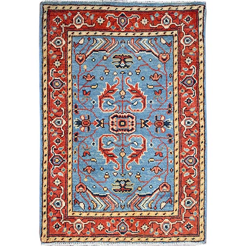 Glaucous Blue and Volcanic Red, Hand Knotted Vegetable Dyes, Afghan Serapi Heriz Design, Densely Woven Mat Oriental Rug