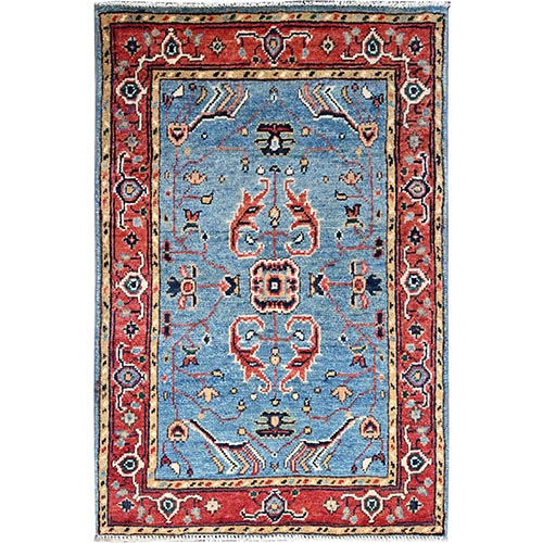 Aqua Marina Blue With Crimson Red Border, Serapi Heriz Densely Woven and Natural Dyes, Extra Soft Pure Wool, Hand Knotted Mat Oriental 