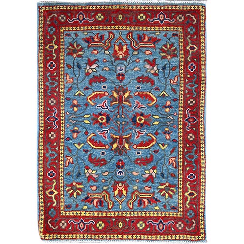 Newport Blue and Carmine Red, Afghan Serapi Heriz Design Natural Dyes, Dense Weave, Pure Wool Hand Knotted, Mat Oriental Rug 