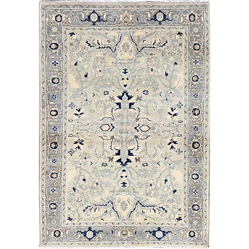 Papyrus White, Vegetable Dyes, 100% Wool, Densely Woven Afghan Serapi Heriz Design, Hand Knotted, Oriental Rug