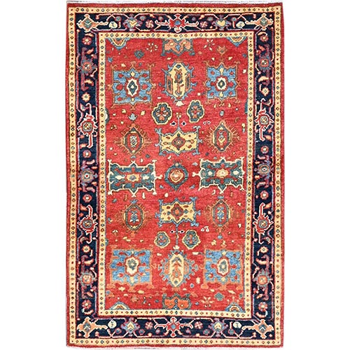 Neon Red and Hale Navy Blue, All Wool, Vegetable Dyes, Afghan Serapi Heriz with All Over Medallions, Hand Knotted, Dense Weave Oriental Rug 
