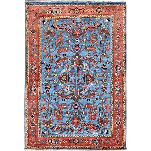 Palatial Skies Blue, Pure Wool Hand Knotted, Dense Weave Natural Dyes Afghan Serapi Heriz with All Over Design, Oriental Rug