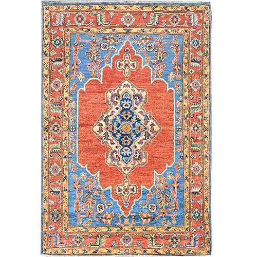 Yacht Blue and Cinnabar Red, Hand Knotted, Densely Woven, Afghan Serapi Heriz Design, Vibrant Wool, Vegetable Dyes, Oriental Rug
