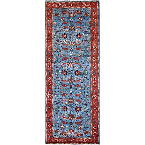 King Triton Blue, Afghan Serapi Heriz Design, Dense Weave, Natural Dyes, Pure Wool, Hand Knotted, Runner Oriental Rug