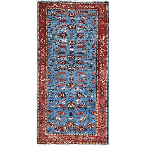 Lazy Sunday Blue, Natural Wool, Hand Knotted, Serapi Heriz All Over Design with Serrated Leaf Pattern, Oriental Rug