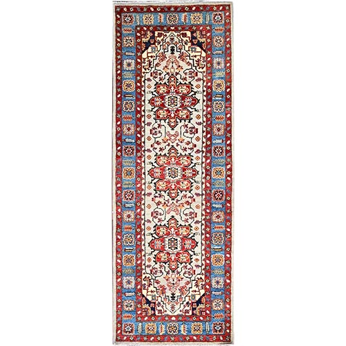 Sugar Swizzle Ivory, Afghan Serapi Heriz and Geometric Design, Dense Weave, Vegetable Dyes, Extra Soft Wool, Hand Knotted, Runner Oriental Rug