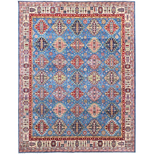 Forever Blue With Byrd Beige, Kazak All Over Geometric Design and Serrated Medallion, Densely Woven, Hand Knotted Pure Wool, Vegetable Dyes, Oriental 
