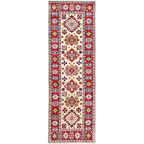 Tapestry Beige, Hand Knotted Natural Dyes, Shiny Wool, Dense Weave, Kazak, Oriental Runner 