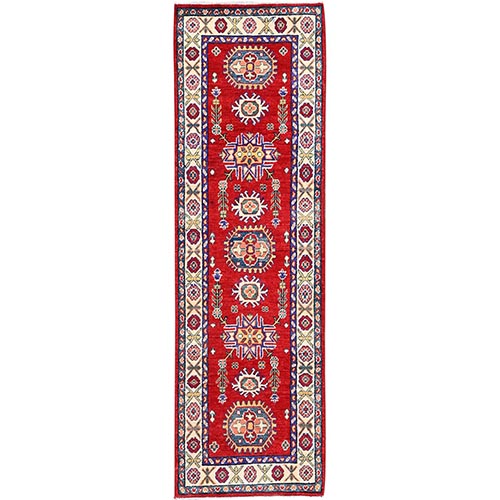 Rose Quartz Red, Densely Woven Kazak with Large Medallions, Natural Dyes, Extra Soft Wool, Hand Knotted, Runner Oriental 