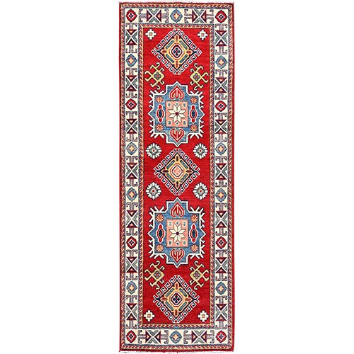 Tomato Tango Red, Hand Knotted Kazak with Large Medallions, Natural Dyes Dense Weave, Organic Wool, Runner Oriental 