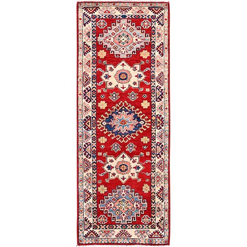 Geranium Red and Oyster White, Kazak with Geometric Medallion Motifs, Natural Dyes, Dense Weave, 100% Wool, Hand Knotted, Oriental Rug 