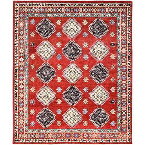 Salsa Red, Special Kazak with All Over Geometric Pattern Natural Dyes, 100% Wool Hand Knotted, Oriental Rug 