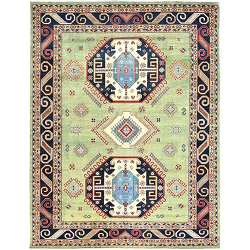 Reseda Green, Special Kazak With Pinwheel Design, Pure Wool, Hand Knotted, Natural Dyes, Oriental Rug