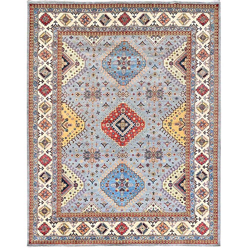 Misty Blue with Decorators White, Densely Woven, Hand Knotted  Soft and Vibrant Wool Special Kazak With Geometric Motifs, Oriental Natural Dyes 