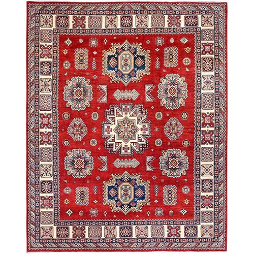 Geranium Red and Acadia White Border, Special Kazak With Large Elements, Dense Weave Hand Knotted With Vegetable Dyes, Oriental Pure Wool 