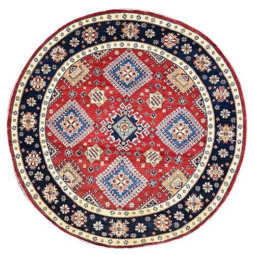 Pepper Red and Celestial Blue, Hand Knotted Densely Woven With Natural Dyes, Shiny Wool Special Kazak With All Over Medallions, Oriental Round 